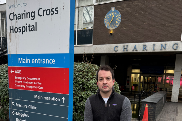 Conor in front of Charing Cross Hospital