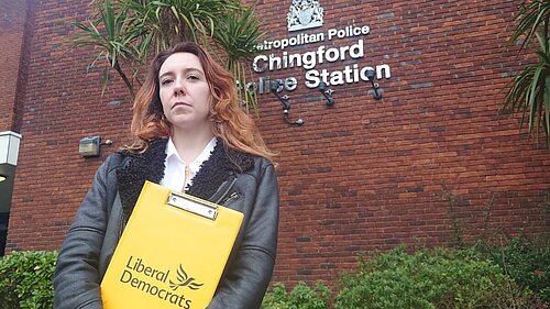 Liberal Democrat Parliamentary Candidate Tara Copeland stood outside Chingford Police Station