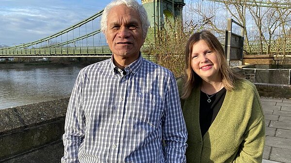 Roy and Nicola in front of Hammersmith Bridge