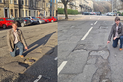 Two pictures spliced together. On the left, Jack Caldwell is pointing at a pothole on Montgomery Street and on the right he is doing the same on Brunswick Street