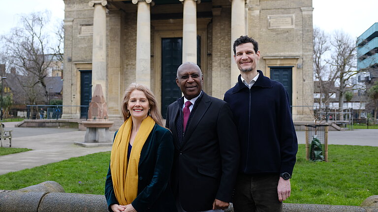 Rachel, Patrickson and Francesco in front of St James' Church, Bermondsey