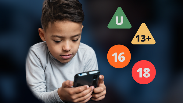 Child looks at a phone. Next to the child are age-rating symbols: U, 13+, 16, 18