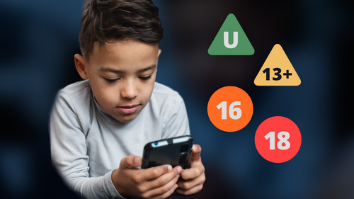 Child looks at a phone. Next to the child are age-rating symbols: U, 13+, 16, 18