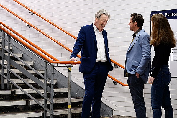 Paul Kohler MP with Raynes Park Cllrs Matthew Willis and Victoria Wilson at Raynes Park station