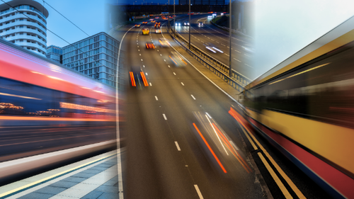 A train, a bus and a motorway.
