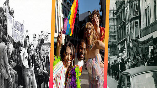 A montage of photos from pride events throughout history.