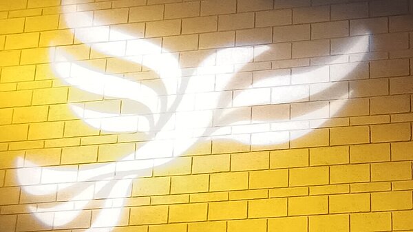 Lib Dem logo bird projected on blockwork