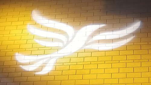 Lib Dem logo bird projected on blockwork