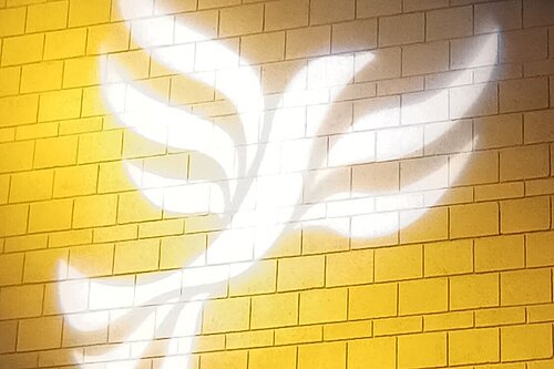 Lib Dem logo bird projected on blockwork