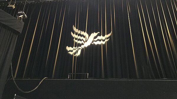 Lib Dem logo on curtains