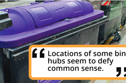 A purple lidded bin in the background with a quote in the foreground reading "Locations of some bin hubs seem to defy common sense"