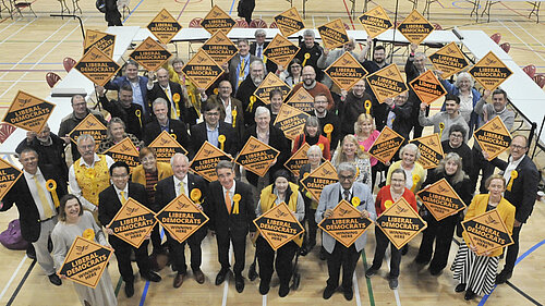 Picture from high up of Liberal Democrats with diamond boards