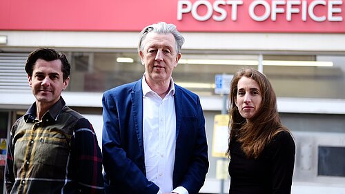 Paul Kohler MP and Cllrs Matthew Willis and Victoria Wilson outside Raynes Park post office