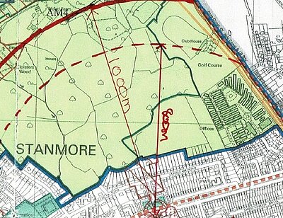 Map of Stanmore Green Belt showing distances from Stanmore Station