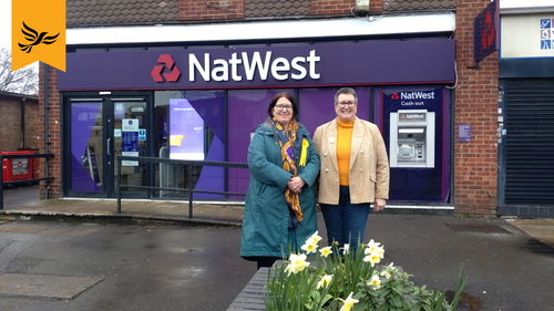 Tilehurst councillor Anne Thompson and Tilehurst & Purley Candidate Janine Lewis outside the Tilehurst NatWest