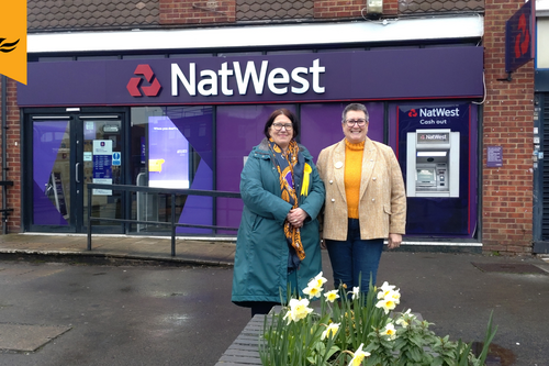 Tilehurst councillor Anne Thompson and Tilehurst & Purley Candidate Janine Lewis outside the Tilehurst NatWest