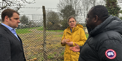 Jo Elgarf, Israel Owoade and Luke Taylor MP near the gasholders site