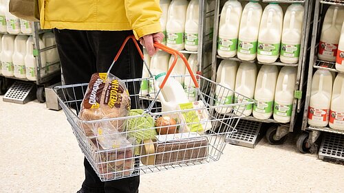 Basket of basic goods in local supermarket