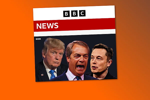 A mock up of a BBC News article containing an image of Donald Trump, Nigel Farage and Elon Musk