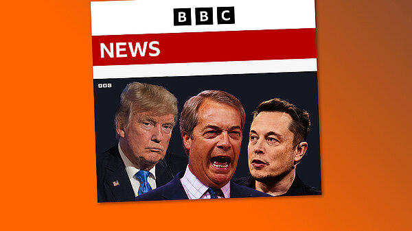 A mock up of a BBC News article containing an image of Donald Trump, Nigel Farage and Elon Musk
