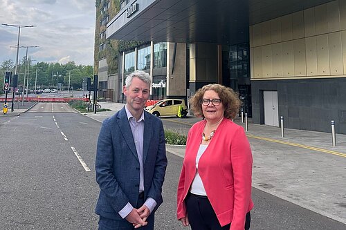 Will Forster & Ann-Marie Barker outside Hilton hotel in Woking
