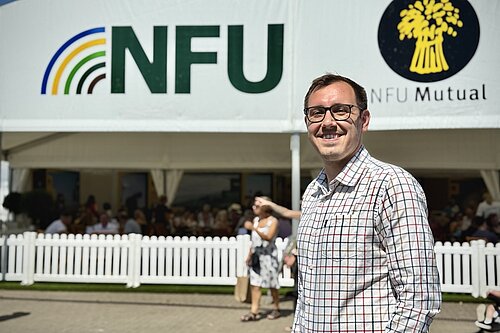 Tom Gordon MP in front of the NFU Tent at the Great Yorkshire Show