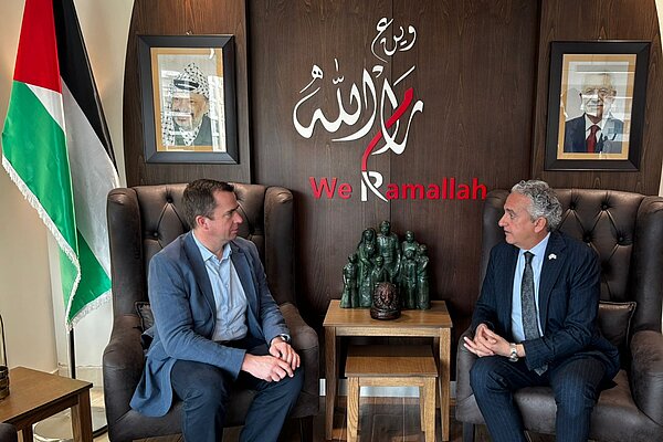 Calum Miller meets the Mayor of Ramallah, Issa Qassis in Ramallah