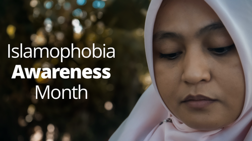 A women in a hijab against a blurred background with the words Islamophobia Awareness Month