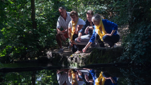 A group of people - including Liberal Democrat councillors and the MP for St Albans, Daisy Cooper - are crouching at the bank of the River Ver, looking at the state of the river.