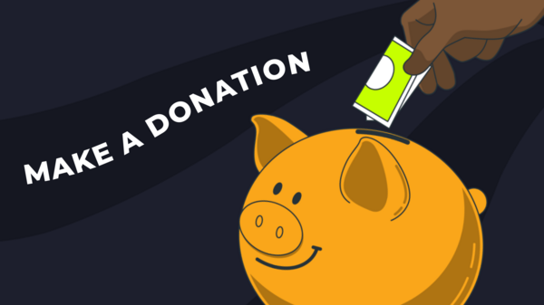 illustration of money going into a piggy bank saying make a donation