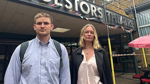 Lib Dem Cllrs Adam Keenan and Ksenia Maximova outside Questors Theatre.