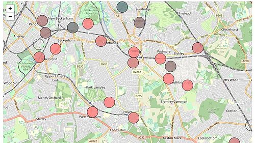 Diagram shows several sites across Bromley borough where air pollution is particularly high