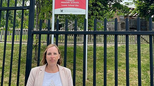 Cllr Claire Bonham outside Cypress Primary School