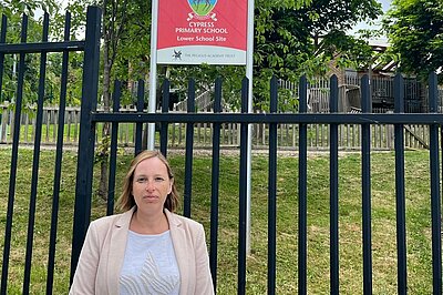 Claire outside Cypress Primary School 