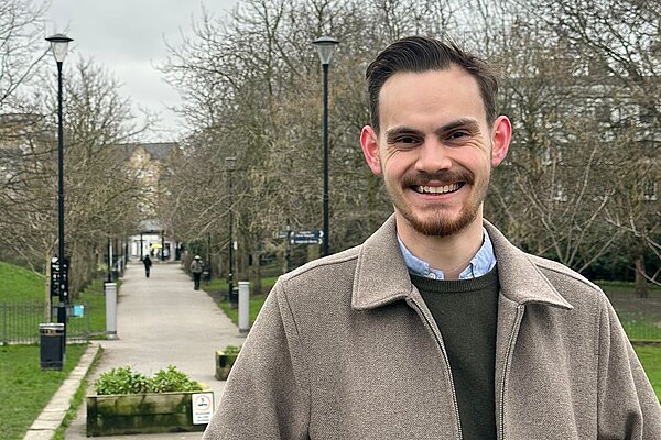 Jacob Sinkins standing in Ropemakers Fields, Limehouse