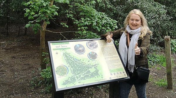 Cllr Julia Cambridge by the woods