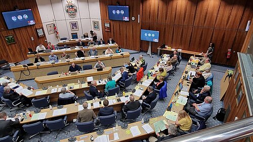 The WBC council chamber with councilors preparing for a meeting.