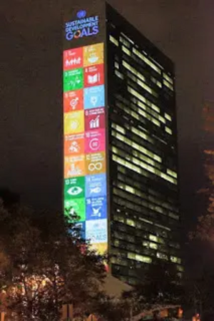 The UN's 17 Sustainable Development Goals projected onto their head quarters