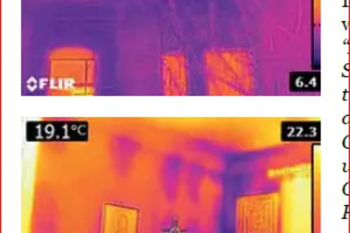 Heat images showing losses through a building's envelope