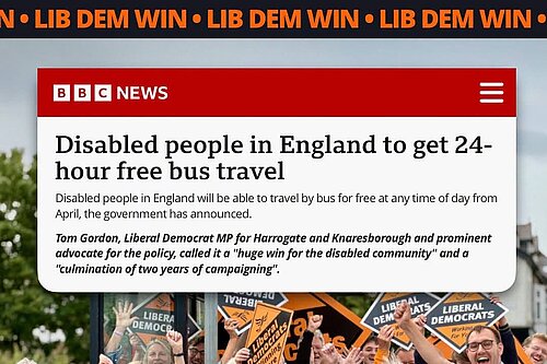 Liberal Democrat campaigners celebrating the announcement of 24-hour free bus travel for disabled people in England from April 2027.
