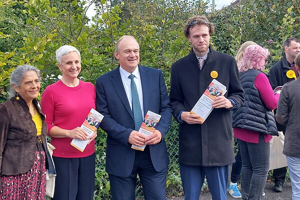 Ed Davey and Alex Brewer MP having photos before canvassing in Fleet