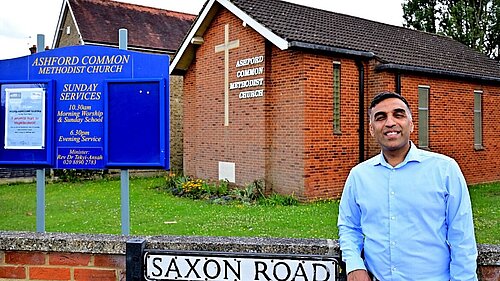 Harry Boparai outside Ashford Common Methodist Church