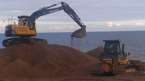 Sandgate Beach replenishment works (heavy plant moving shingle)