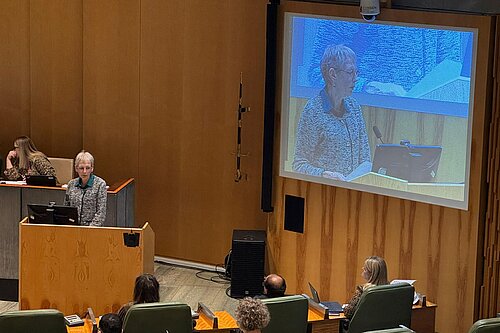 Barbara Down at the lectern in the council chamber