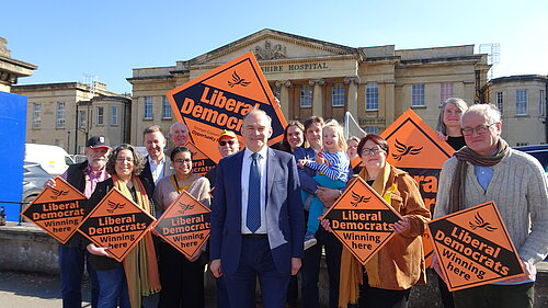 Sir Ed Davey and Reading Liberal Democrat campaigners outside the Royal Berkshire Hospital.