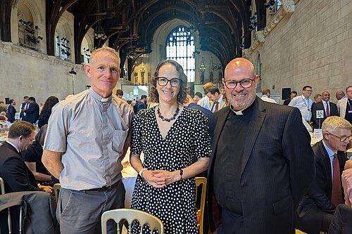Alison Bennett MP stands with Revd. Will Kemp, Vicar of St Andrew’s Church in Burgess Hill, and Revd. Daniel Valentine, Vicar of Cuckfield and Bolney, at the National Parliamentary Prayer Breakfast in Westminster Hall.