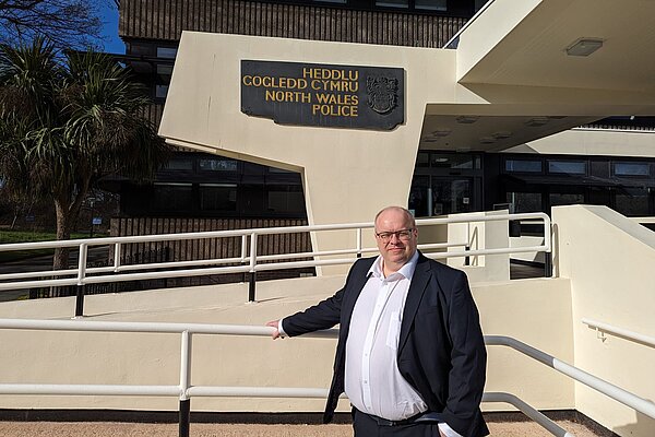 Richard Marbrow in front of the North Wales Police Headquarters