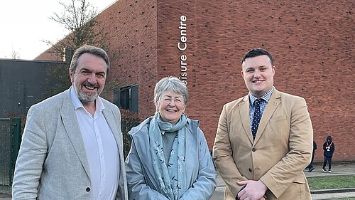 Matthew Green, Heather Kidd and Dan Thomas outside Much Wenlock Leisure Centre