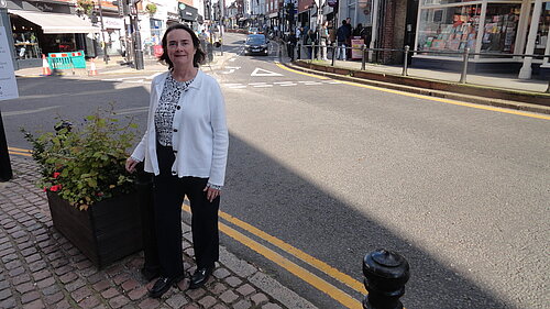 Hazel Watson standing on Dorking High Street
