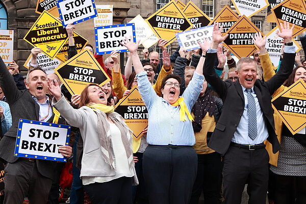 Alex Cole-Hamilton, Christine Jardine, Sheila Ritchie and Willie Rennie celebrating the 2019 European election result